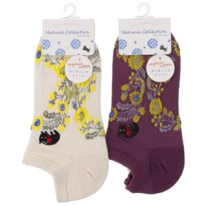 Natural Collection Sneaker Socks, Wreath Floral Cat Embroidery