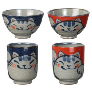 Hand Drawn Cat Rice Bowl and Teacup Set